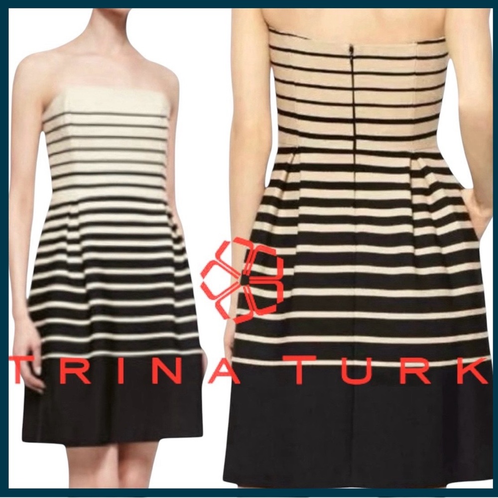 Trina Turk Tan/Black Tweed Stripe Strapless Pockets Dress (4)